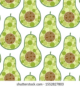 Seamless avocado pattern, avocado slices, leaves on white background. Print, texture, healthy eating