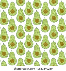Seamless avocado pattern, avocado slices, leaves on white background. Print, texture, healthy eating