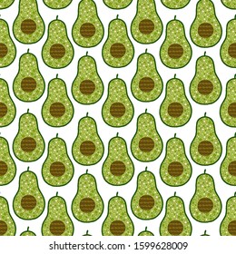 Seamless avocado pattern, avocado slices, leaves on white background. Print, texture, healthy eating