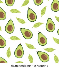 Seamless avocado pattern, avocado slices, leaves on white background. Vegan food vector icons. Print, texture, healthy eating. Wrapping paper or fabric. 