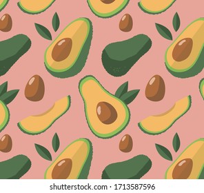 Seamless avocado pattern. Whole and sliced avocado with pits, leaves and seeds. Flat illustration for printing on textile or paper.
