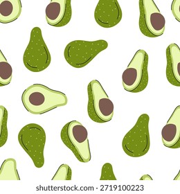 Nahtloses Avocado-Muster mit ganzen und geschnittenen Früchten. Vektorgrafik "Gesunde Lebensmittel"