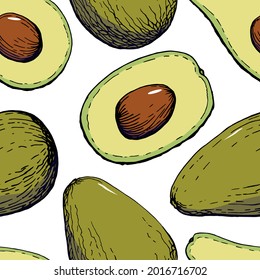 Seamless avocado patterns for printing on fabric and vegan food packaging. Texture for ecological and healthy food. Health products. Hand drawn color illustration. Handwritten graphics technique
