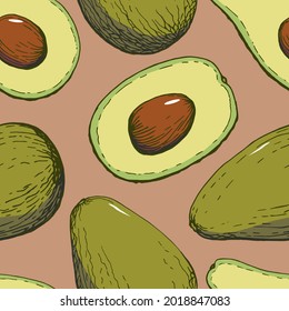 Seamless avocado patterns for printing on fabric and vegan food packaging. Texture for ecological and healthy food. Health products. Hand drawn color illustration. Handwritten graphics technique