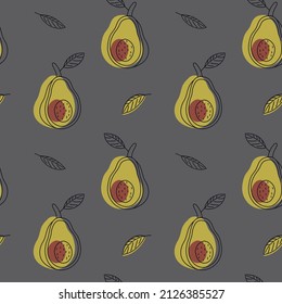 Patrón de dibujo de aguacate sin inconvenientes con hojas y puntos abstractos de color sobre un fondo gris. Ilustración vectorial, estilo de contorno.