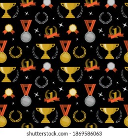Seamless awards pattern. Cups, medals and emblems on a black background Vector illustration