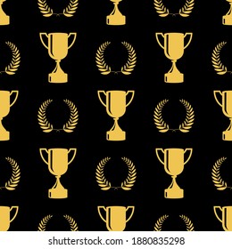 Seamless awards pattern. Gold cups on black background. Vector illustration