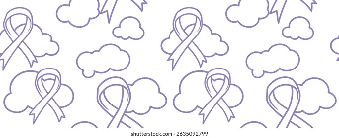 Seamless awareness ribbon and cloud pattern in soft purple outline on white background. Perfect for charity designs, healthcare themes, or mental health awareness. Clean, symbolic, and minimal style.