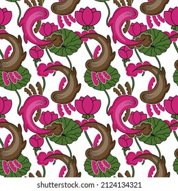 Seamless axolotl pattern, drawn element in doodle style. Aquatic animals and lotuses. Bright pattern in pink and green. Pattern in fashionable linear style.