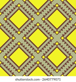 Seamless Aztec Geometric Embroidery Tribal Traditional Motif Pattern with Lemon Yellow Brown on Olive Green Background. Delicate Repeat Folklore Silk Weaves Handicraft for Wallpaper Clothes Bedding  