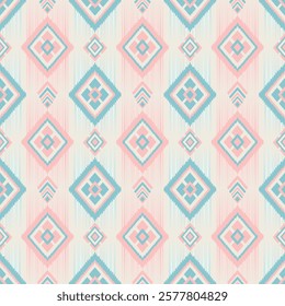 Seamless Aztec Pastel Tribal Geometric Diamond Pattern with Soft Pink and Blue Tones for Textile Designs and Decor. Ethnic Tribal Pattern for Fabric and Backgrounds. Vector illustration.