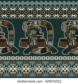 Seamless aztec pattern. Dark green ethnic backdrop. Maya ornament