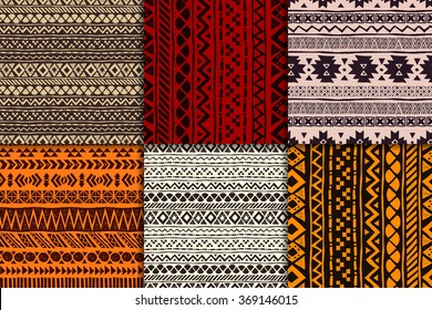 Seamless Aztec Pattern Set, Vector Illustration. Six Hand Drawn Backgrounds 