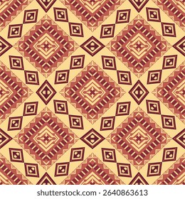 Seamless Aztec Tribal Geometric Pattern. A rich, seamless pattern with intricate Aztec-inspired geometric designs in warm, earthy tones. Perfect for textiles, wallpapers, ethnic and decor.