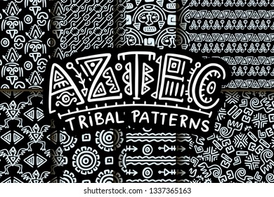 Seamless aztec vector pattern set. Tribal traditional indian fabric design collection. Folk vintage illustration.