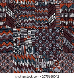 Seamless aztec, zig zag chevron lines, triangle, stripe patchwork style surface pattern. Intricate ethnic textile graphic design. Trendy flat stitched manner. Tribal folk rug ornament.