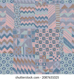 Seamless aztec, zig zag chevron lines, triangle, stripe patchwork style surface pattern. Intricate ethnic textile graphic design. Trendy flat stitched manner. Tribal folk rug ornament.