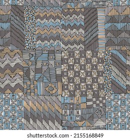 Seamless aztec, zig zag chevron lines, triangle, striped patchwork style geo surface pattern. Intricate ethnic textile graphic design. Trendy flat stitched manner. Tribal folk rug ornament.