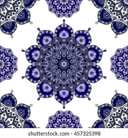 Seamless azulejo ceramics pattern in blue & white. Ornamental print with floral motifs inspired by traditional Portuguese/Spanish/Moorish decorative art.