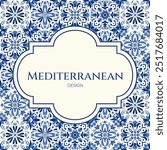 Seamless azulejo tile background with traditional Portuguese and Spanish ceramics in navy blue and white, mediterranean design. Invitation Template. Ornate damask frame. Moroccan ceramic backdrop. 