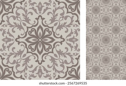 Seamless Azulejo tile in brown. Portuguese and Spain decor. Ceramic tile in eastern style. Seamless Floral pattern. Vector hand drawn illustration, typical portuguese and spanish tile