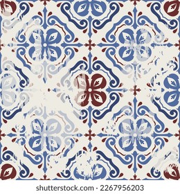 Seamless Azulejo tile with an effect of attrition. Portuguese and Spain decor. Ceramic tile. Seamless Victorian pattern. Vector hand drawn illustration, typical portuguese and spanish tile