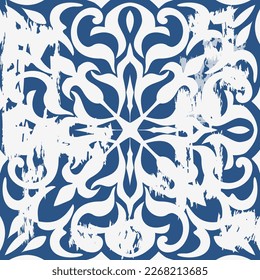 Seamless Azulejo tile with an effect of attrition. Portuguese and Spain decor. Ceramic tile. Seamless Victorian pattern. Vector hand drawn illustration, typical portuguese and spanish tile