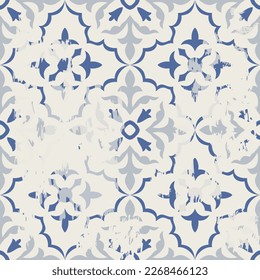 Seamless Azulejo tile with an effect of attrition. Portuguese and Spain decor. Ceramic tile. Seamless Victorian pattern. Vector hand drawn illustration, typical portuguese and spanish tile