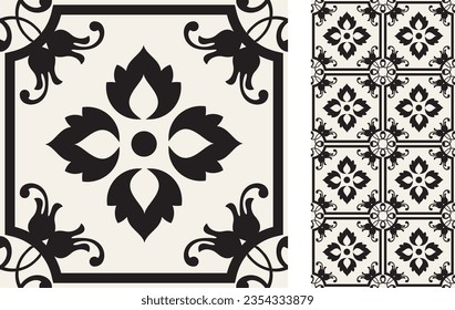 Azulejo-Kachel ohne Muschel. Muster im orientalischen Stil. Portugiesisch-spanische Dekoration. Blumenkeramikfliese. handgezeichnete Vektorgrafik