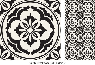 Baldosa de Azulejo sin inconveniente. Patrón de estilo oriental. Decoración portuguesa y española. Baldosa cerámica floral. Ilustración dibujada a mano por el vector