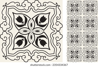Seamless Azulejo tile. Pattern in oriental style. Portuguese and Spain decor. Floral ceramic tile. Vector hand drawn illustration