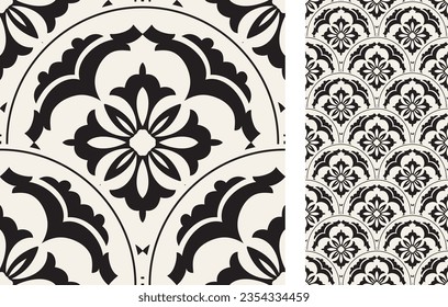 Seamless Azulejo tile. Pattern in oriental style. Portuguese and Spain decor. Floral ceramic tile. Vector hand drawn illustration