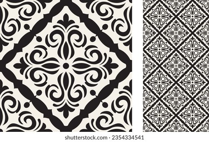 Seamless Azulejo tile. Pattern in oriental style. Portuguese and Spain decor. Floral ceramic tile. Vector hand drawn illustration