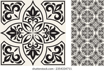 Azulejo-Kachel ohne Muschel. Muster im orientalischen Stil. Portugiesisch-spanische Dekoration. Blumenkeramikfliese. handgezeichnete Vektorgrafik