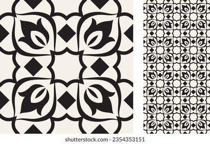 Seamless Azulejo tile. Pattern in oriental style. Portuguese and Spain decor. Floral ceramic tile. Vector hand drawn illustration