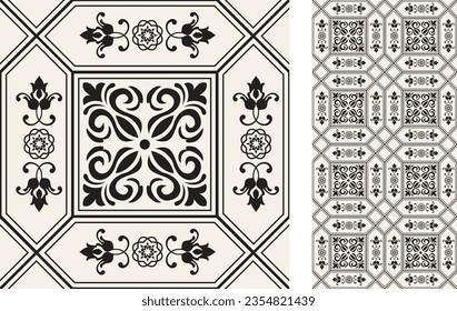 Baldosa de Azulejo sin inconveniente. Patrón de estilo oriental. Decoración portuguesa y española. Baldosa cerámica floral. Ilustración dibujada a mano por el vector