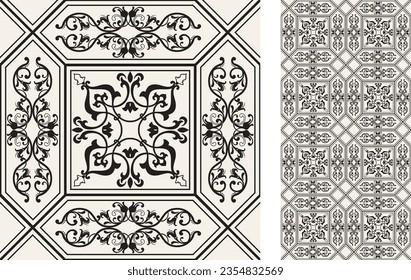 Seamless Azulejo tile. Pattern in oriental style. Portuguese and Spain decor. Floral ceramic tile. Vector hand drawn illustration