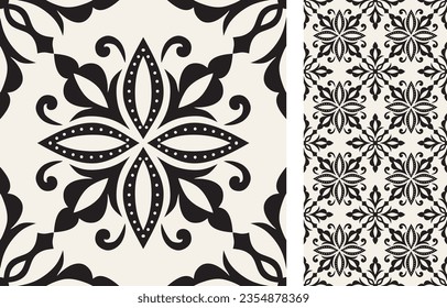 Seamless Azulejo tile. Pattern in oriental style. Portuguese and Spain decor. Floral ceramic tile. Vector hand drawn illustration