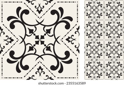 Seamless Azulejo tile. Pattern in oriental style. Portuguese and Spain decor. Floral ceramic tile. Vector hand drawn illustration