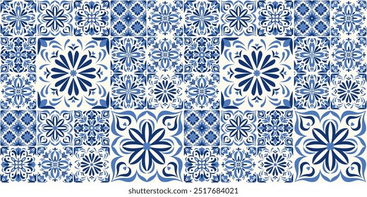  Padrão de azulejo sem costura com cerâmica tradicional portuguesa e espanhola em azul marinho e branco, design tradicional mediterrâneo. Amostra de tecido de damasco ornamentado. Fundo de cerâmica marroquina.