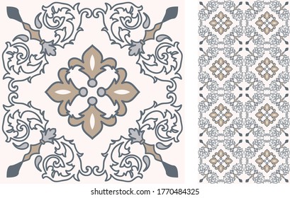 Seamless Azulejo tile. Portuguese and Spain decor. Islam, Arabic, Indian, Ottoman motif. Vector Hand drawn pattern	