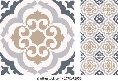 Seamless Azulejo tile. Portuguese and Spain decor. Islam, Arabic, Indian, Ottoman motif. Vector Hand drawn pattern	