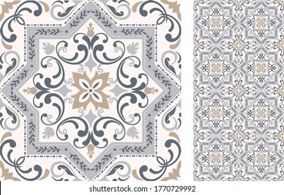 Seamless Azulejo tile. Portuguese and Spain decor. Ceramic tile. Vector hand drawn illustration, typical portuguese and spanish tile