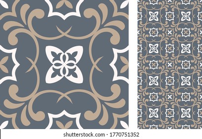 Seamless Azulejo tile. Portuguese and Spain decor. Ceramic tile. Vector hand drawn illustration, typical portuguese and spanish tile