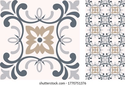 Seamless Azulejo tile. Portuguese and Spain decor. Ceramic tile. Vector hand drawn illustration, typical portuguese and spanish tile