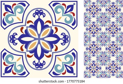 Seamless Azulejo Tile. Portuguese And Spain Decor. Ceramic Tile. Vector Hand Drawn Illustration, Typical Portuguese And Spanish Tile