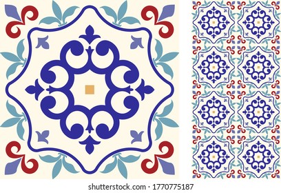 Seamless Azulejo tile. Portuguese and Spain decor. Ceramic tile. Vector hand drawn illustration, typical portuguese and spanish tile