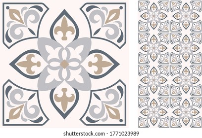 Seamless Azulejo tile. Portuguese and Spain decor. Ceramic tile. Vector hand drawn illustration, typical portuguese and spanish tile