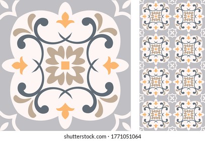 Seamless Azulejo tile. Portuguese and Spain decor. Ceramic tile. Vector hand drawn illustration, typical portuguese and spanish tile