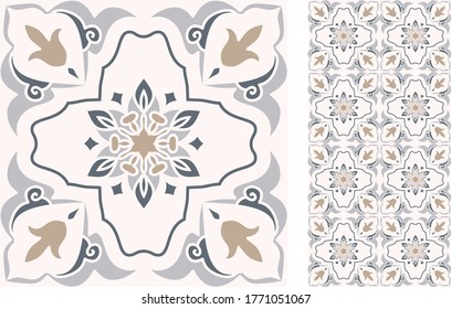 Seamless Azulejo tile. Portuguese and Spain decor. Ceramic tile. Vector hand drawn illustration, typical portuguese and spanish tile